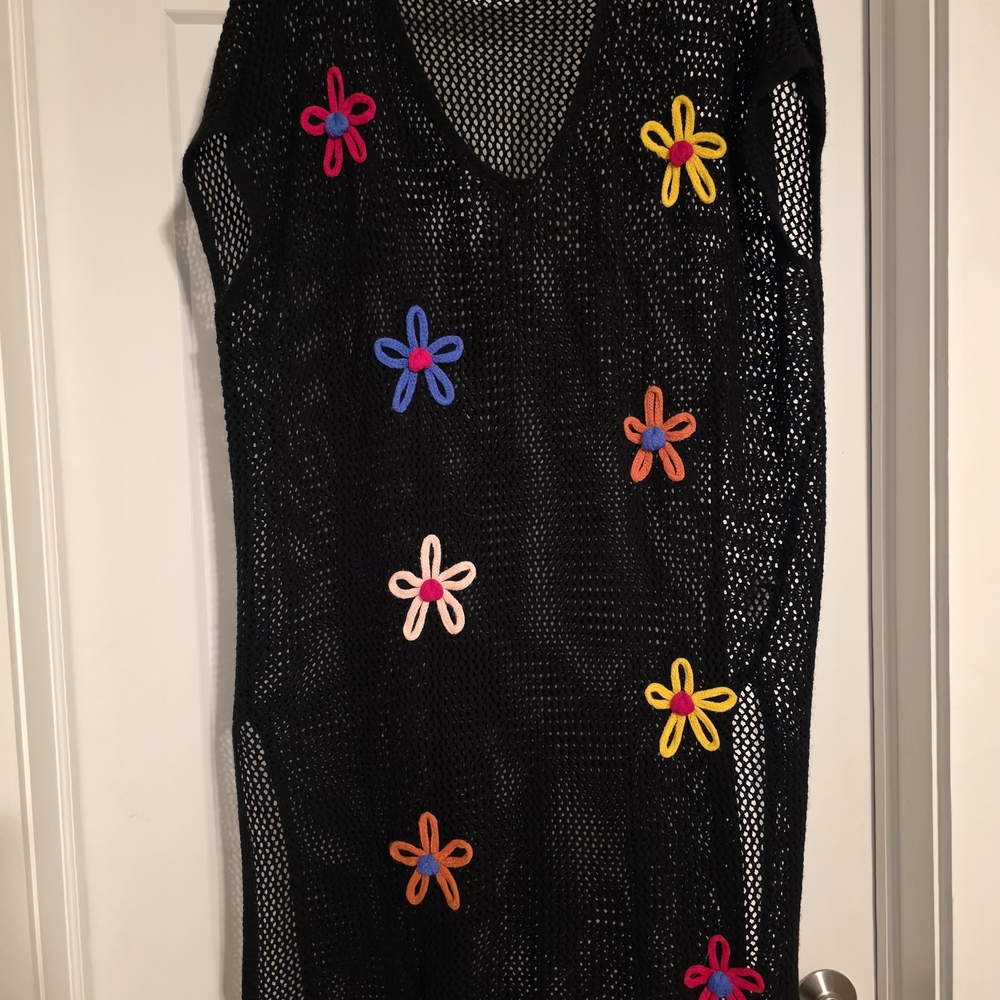 BloomChic Black Mesh Dress/ Bathing Suit Cover Up with Multicolor Floral Design